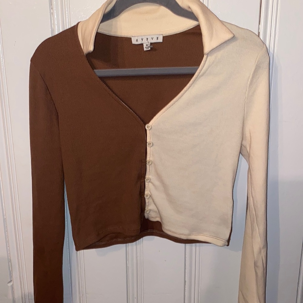 Women’s Half Beige Half Brown Button Down Crop